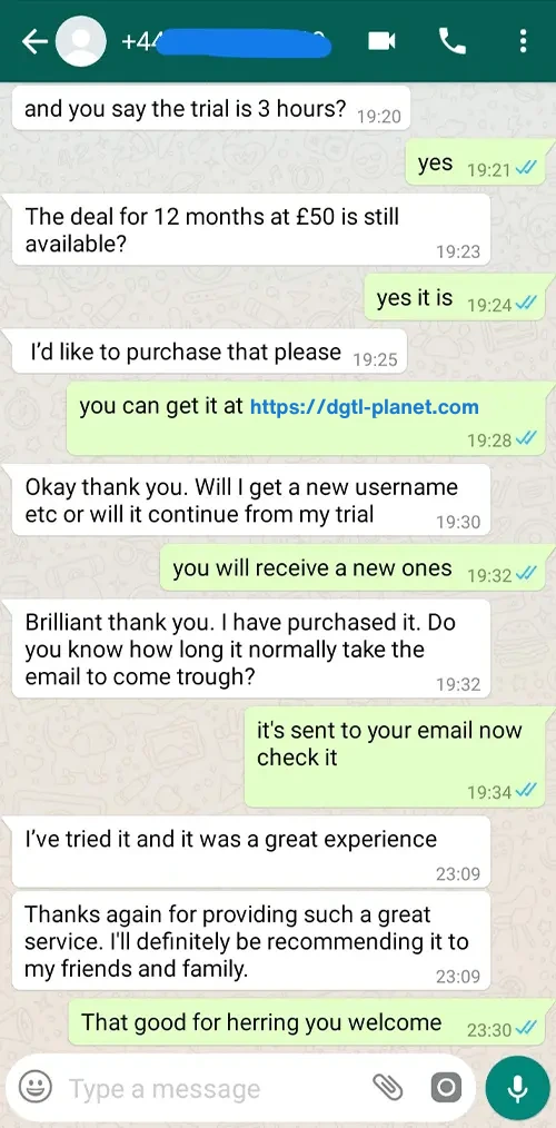 WhatsApp Chat Testimonial Proof #1 - Digital Planet IPTV