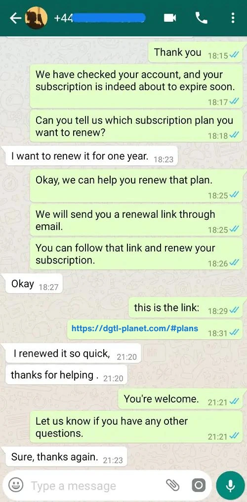 WhatsApp Chat Testimonial Proof #19 - Digital Planet IPTV